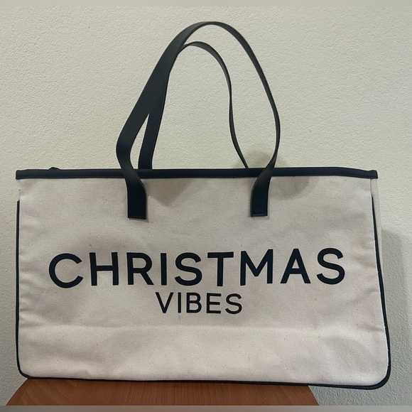 Santa Barbara Tote Bag Cotton Canvas Leather Handles Black/White Christmas Vibes - Picture 2 of 15